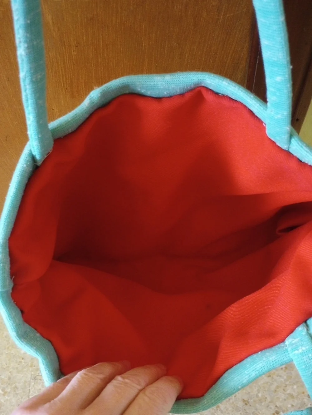 Vintage Retro Green Fabric Tote Purse w/ Aqua Trim & Red Interior